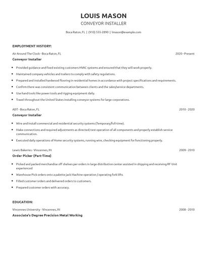 Conveyor Installer Resume