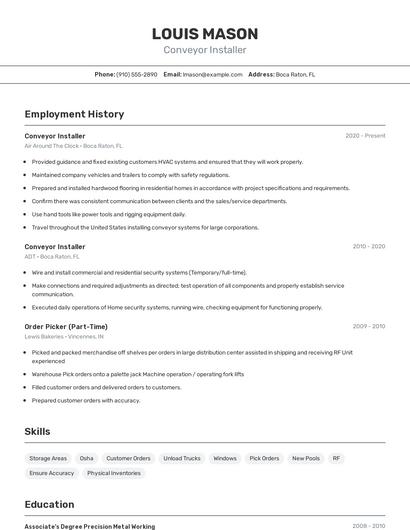 Conveyor Installer Resume