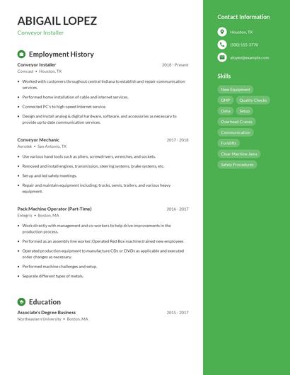 Conveyor Installer Resume