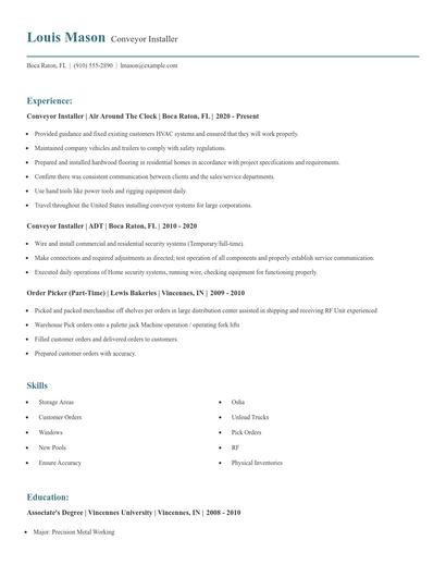 Conveyor Installer Resume