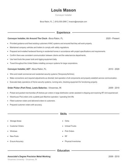Conveyor Installer Resume