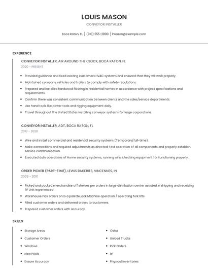 Conveyor Installer Resume