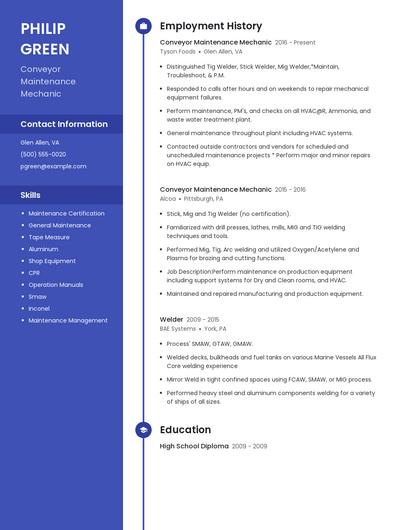 Conveyor Maintenance Mechanic Resume
