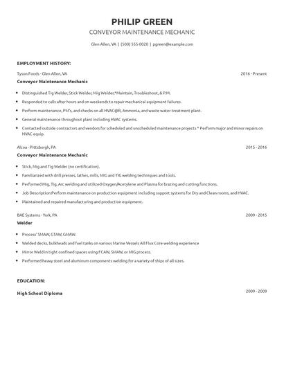 Conveyor Maintenance Mechanic Resume