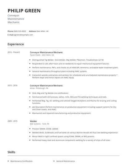 Conveyor Maintenance Mechanic Resume