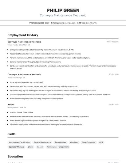 Conveyor Maintenance Mechanic Resume