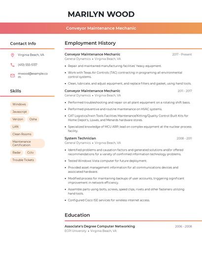 Conveyor Maintenance Mechanic Resume