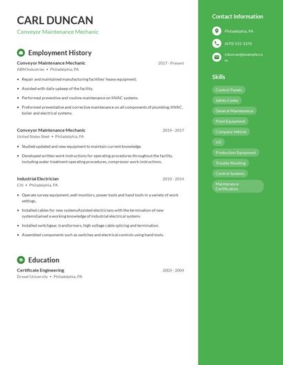 Conveyor Maintenance Mechanic Resume