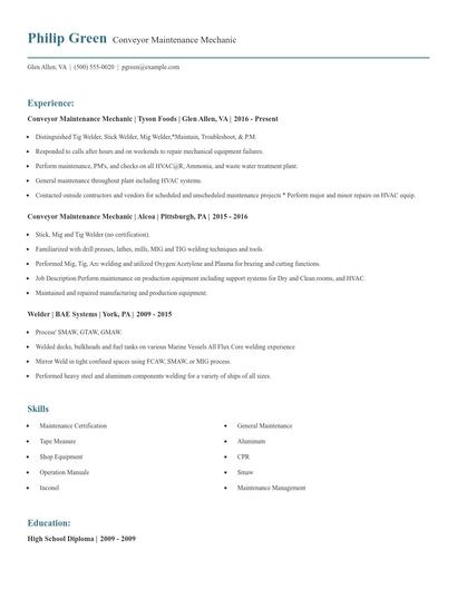 Conveyor Maintenance Mechanic Resume