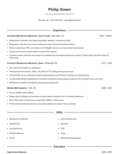 Conveyor Maintenance Mechanic Resume