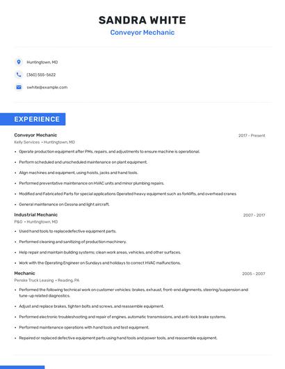 Conveyor Mechanic Resume
