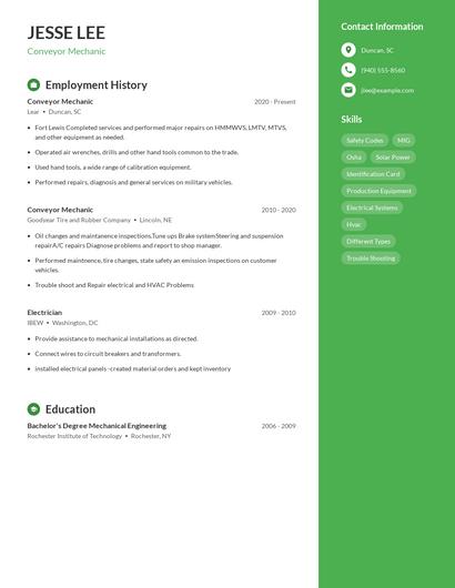 Conveyor Mechanic Resume