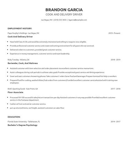 Cook And Delivery Driver Resume