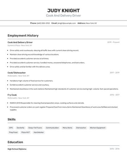 Cook And Delivery Driver Resume
