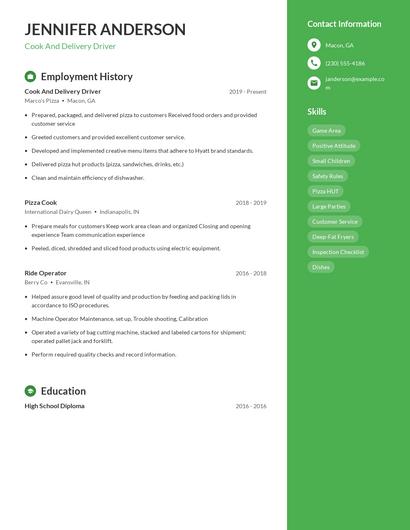 Cook And Delivery Driver Resume