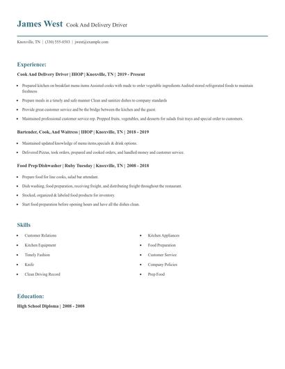 Cook And Delivery Driver Resume