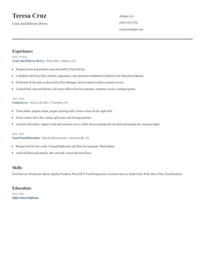 Cook And Delivery Driver Resume