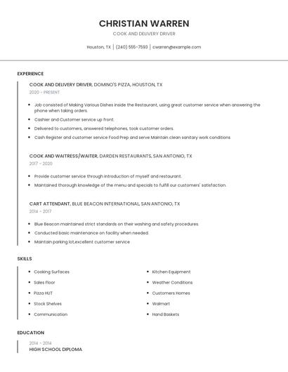 Cook And Delivery Driver Resume