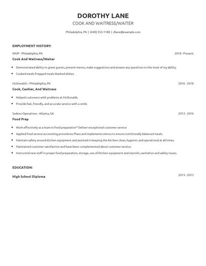 Cook And Waitress/Waiter Resume