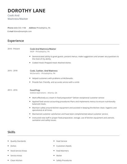 Cook And Waitress/Waiter Resume