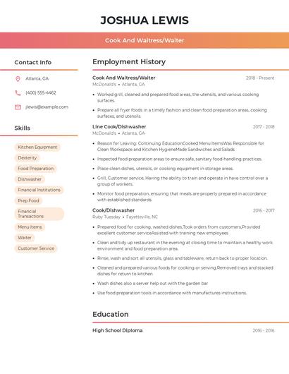 Cook And Waitress/Waiter Resume