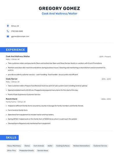 Cook And Waitress/Waiter Resume