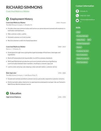 Cook And Waitress/Waiter Resume