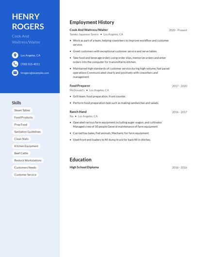 Cook And Waitress/Waiter Resume