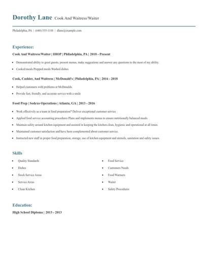 Cook And Waitress/Waiter Resume