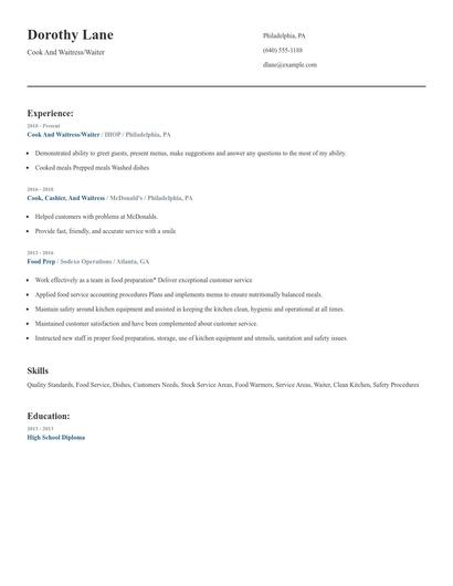 Cook And Waitress/Waiter Resume