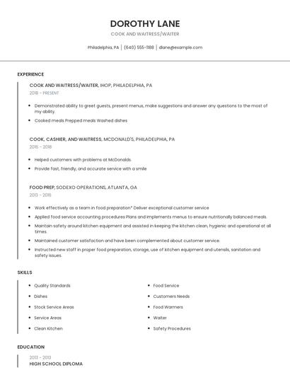 Cook And Waitress/Waiter Resume