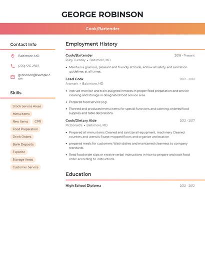 Cook/Bartender Resume