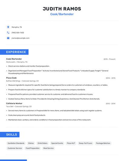 Cook/Bartender Resume