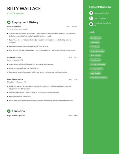 Cook/Bartender Resume