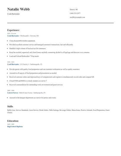 Cook/Bartender Resume