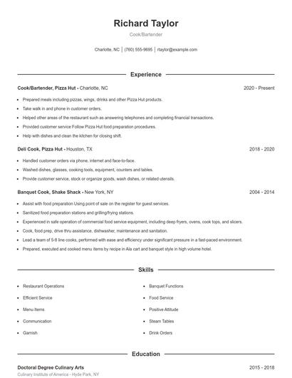 Cook/Bartender Resume