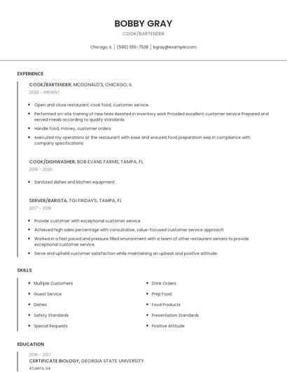 Cook/Bartender Resume