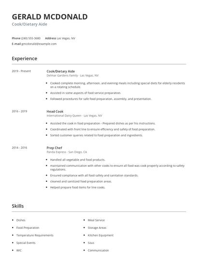 Cook/Dietary Aide Resume