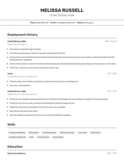 Cook/Dietary Aide Resume