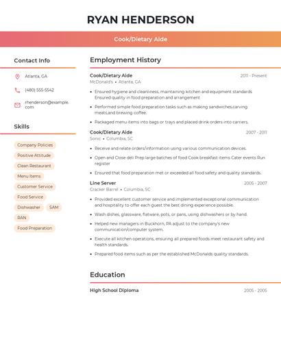 Cook/Dietary Aide Resume