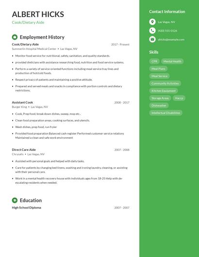 Cook/Dietary Aide Resume