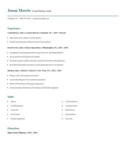 Cook/Dietary Aide Resume