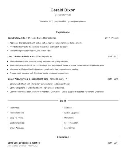 Cook/Dietary Aide Resume
