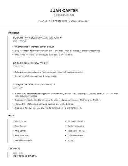 Cook/Dietary Aide Resume