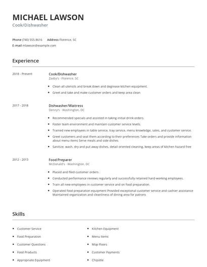 Cook/Dishwasher Resume