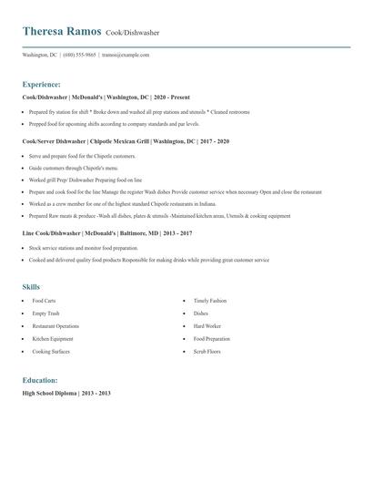Cook/Dishwasher Resume