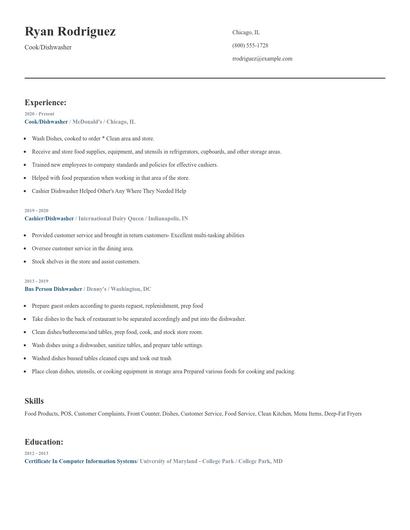 Cook/Dishwasher Resume