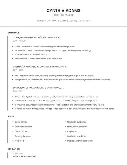 Cook/Dishwasher Resume