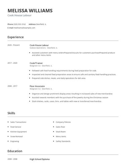 Cook House Labour Resume