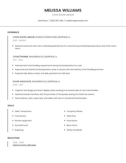 Cook House Labour Resume